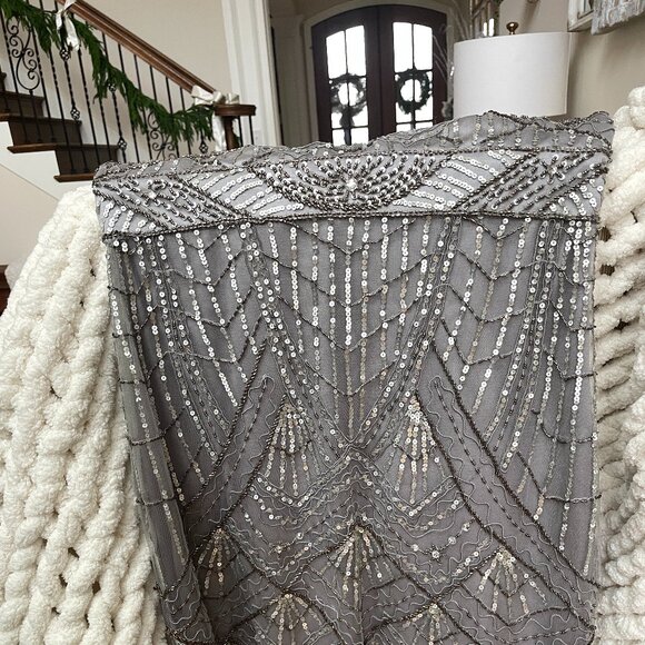 SUE WONG 12 Champagne Silver Beaded Sequin Bridal Formal Cocktail Evening Dress - Picture 15 of 16